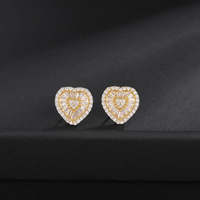 1 Pair Minimalist Shiny Heart Shape Inlay Copper Zircon 18K Gold Plated Ear Studs4