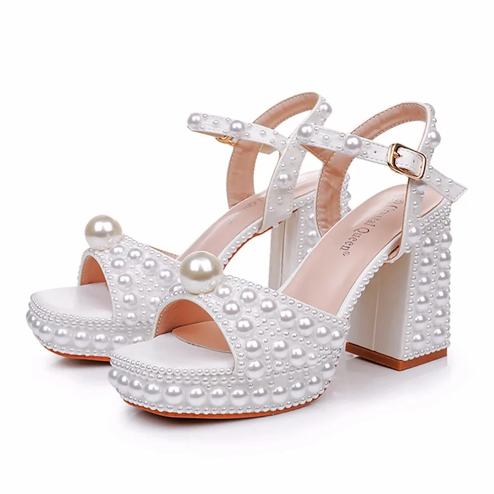 Breakj Breakj Cm Thick Heel Fish Mouth Waterproof Table Sandals Round Head Square Thick Heel Sandals White Pearl Wedding Shoes