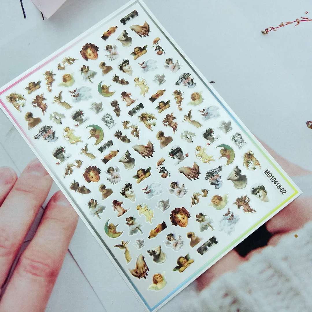 Angel Cupid Nail Stickers Flower Pattern Self-Adhesive Transfer Decals Slider 3D DIY Tips Nail Art Decorations Manicure Wrap-Nail Inspo