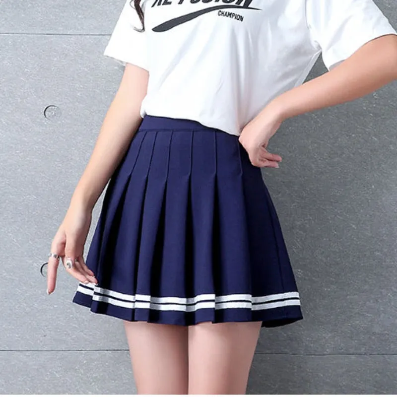 Zoki Fashion Striped Women Pleated Skirt High Waist Zipper Summer JK Girls Dancing Mini Skirt Korean Sweet Summer Black Skirts