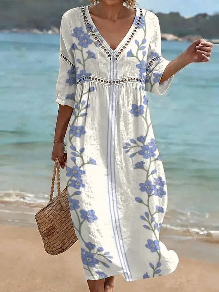 Women's Retro Floral Pattern Art Print Casual Stylish Cotton Linen Dress