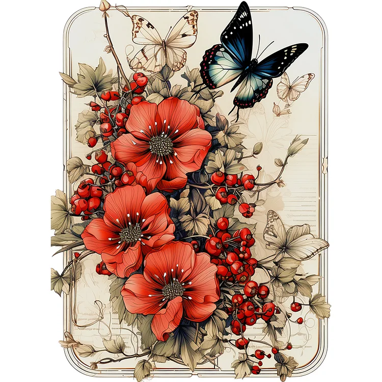 Retro Red Flower Butterfly 30*40CM (Canvas) Full Round Drill Diamond Painting gbfke