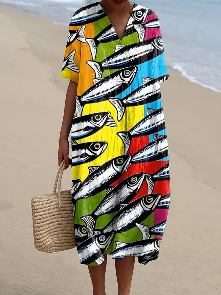 Women's Vintage Lovely Fish Art Print Flowy Dress