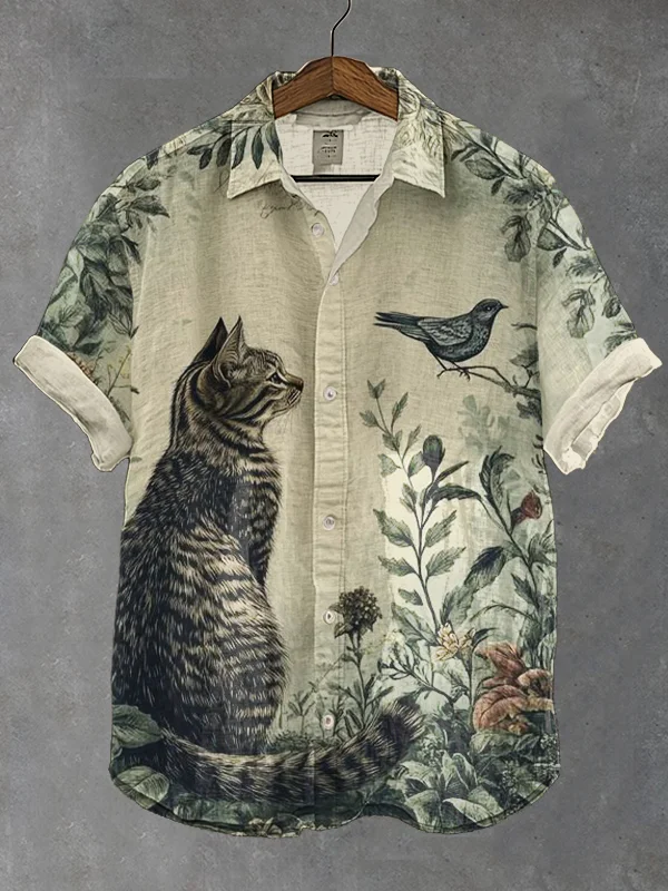 Men's Cat And Bird Art Print Casual Shirt