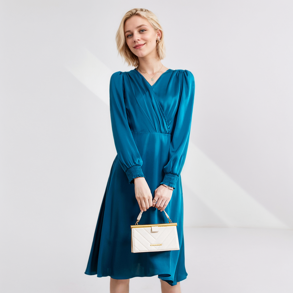 Silk Midi Dress With Long Sleeves Office Lady Style REAL SILK LIFE