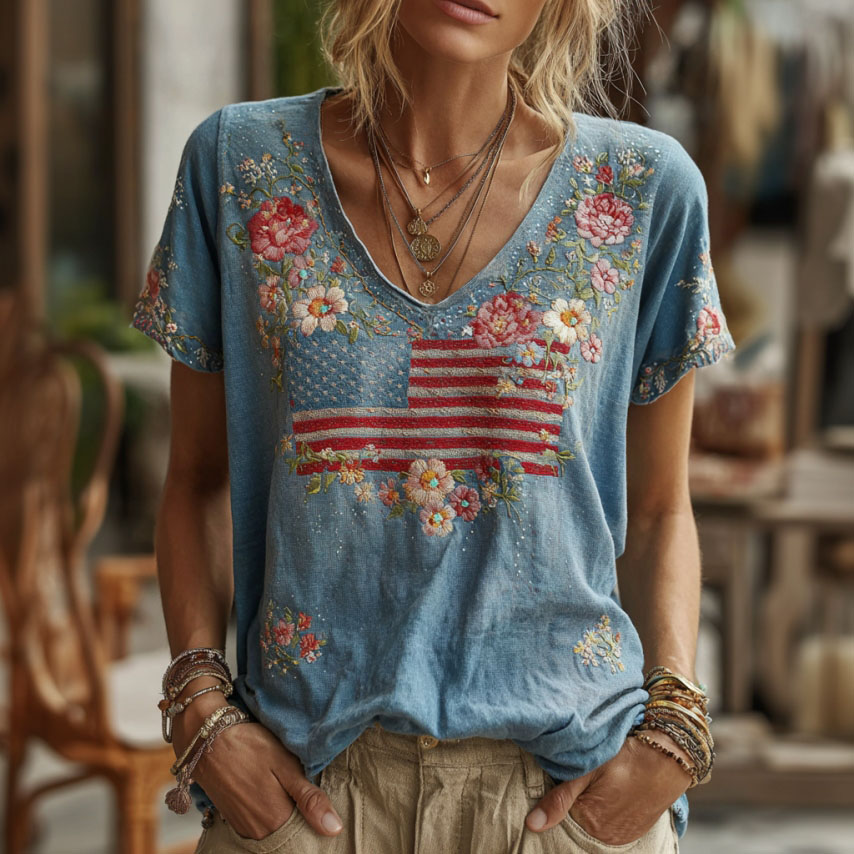  Women's Retro Independence Day Anniversary Flag Floral Embroidery Cotton Linen T-shirt Westsshops