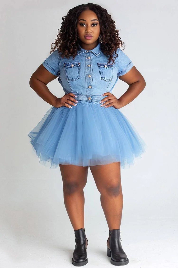 Xpluswear Design Plus Size Vacation Tulle Light Blue Casual Shirt Collar Short Sleeve Contrast Denim Mini Dresses [Pre-Order]