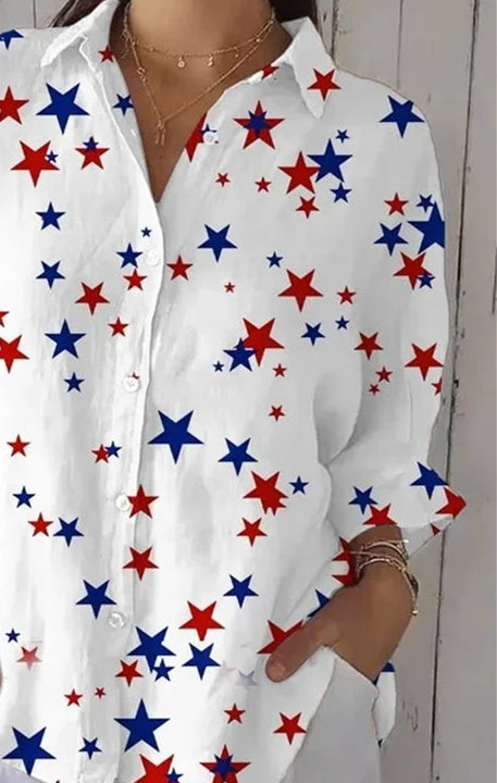 Women 3/4 Sleeve Shirt Collar Star Printed Graphic Button Tops