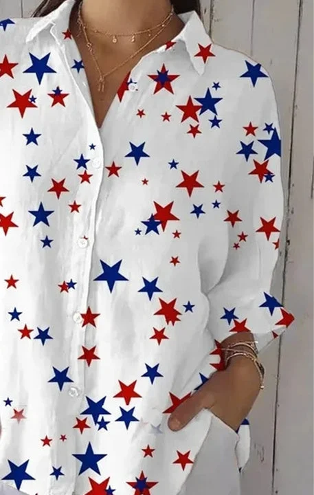 Women 3/4 Sleeve Shirt Collar Star Printed Graphic Button Tops