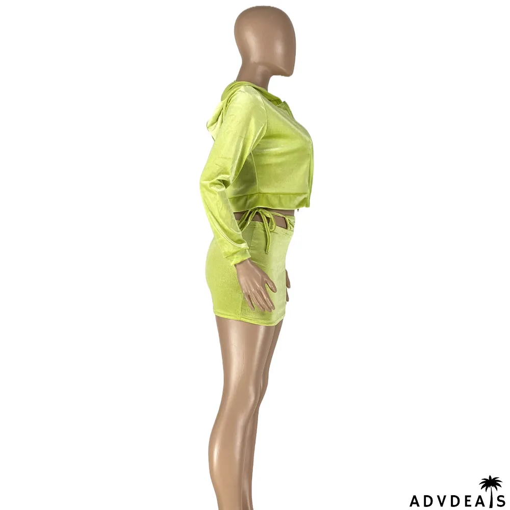 Solid Color Tube Tops+Velvet Coat+Mini Skirt 3 Piece Set