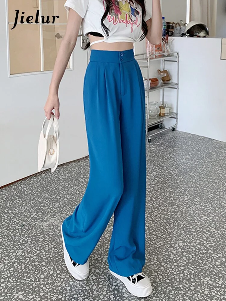 Wongn Summer Two Buttons Elastic Waist Suit Trousers Female OL Wide Leg Pants Women Loose Casual Blue Black Pants Woman S-XL