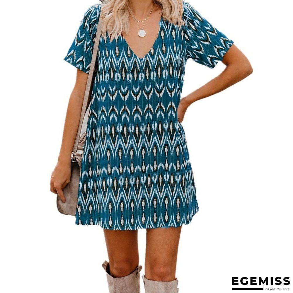 Spring/Summer Loose Short SleeveS V-Neck Print Dress Women'S Wear | EGEMISS
