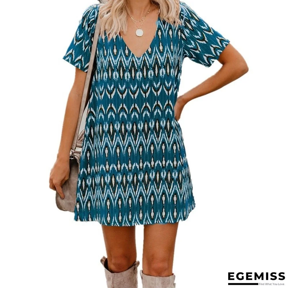 Spring/Summer Loose Short SleeveS V-Neck Print Dress Women'S Wear | EGEMISS