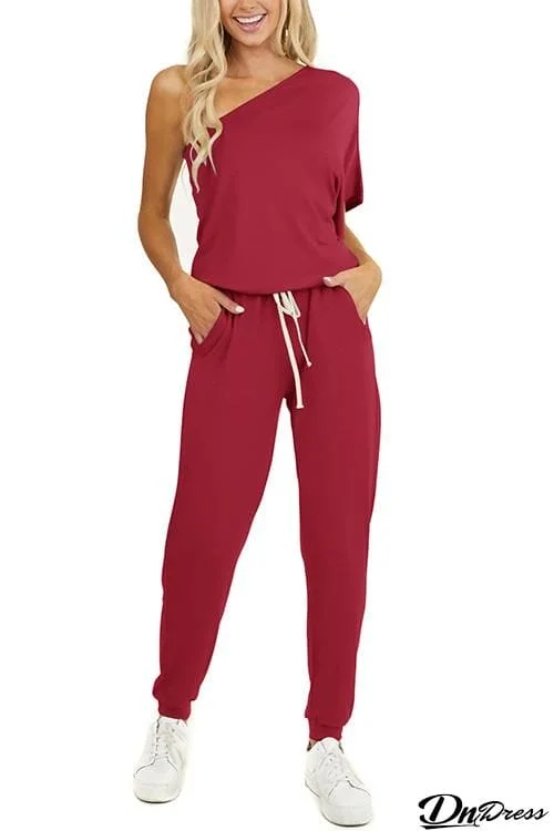 One Shoulder Drawstring Jumpsuits