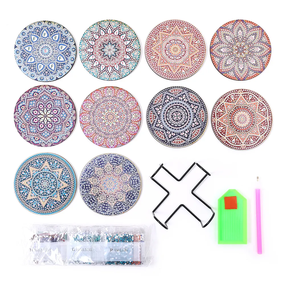 10pcs DIY Coaster Diamond Painting Cup Cushion with Rack Home Decor