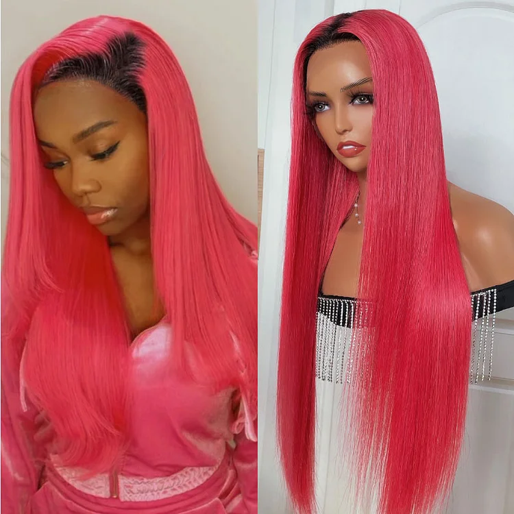 Rose Pink Lace Front Human Hair Wigs with Black Roots 13x4 Lace Front Wig