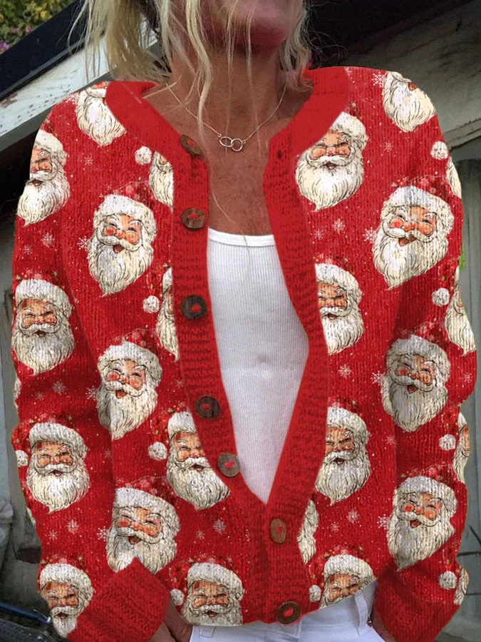Women's Christmas Santa Print Knit Cardigan