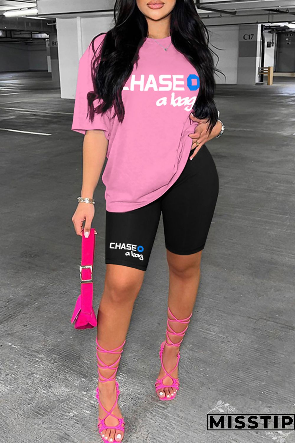 Ginger Casual Letter Print Basic O Neck Short Sleeve Two Pieces