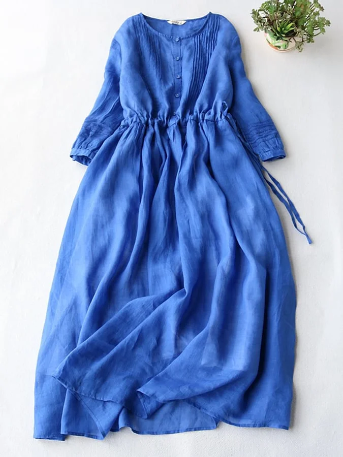 Medium Sleeved Cotton Linen Loose Lace Up Pleated Large Swing Dress socialshop