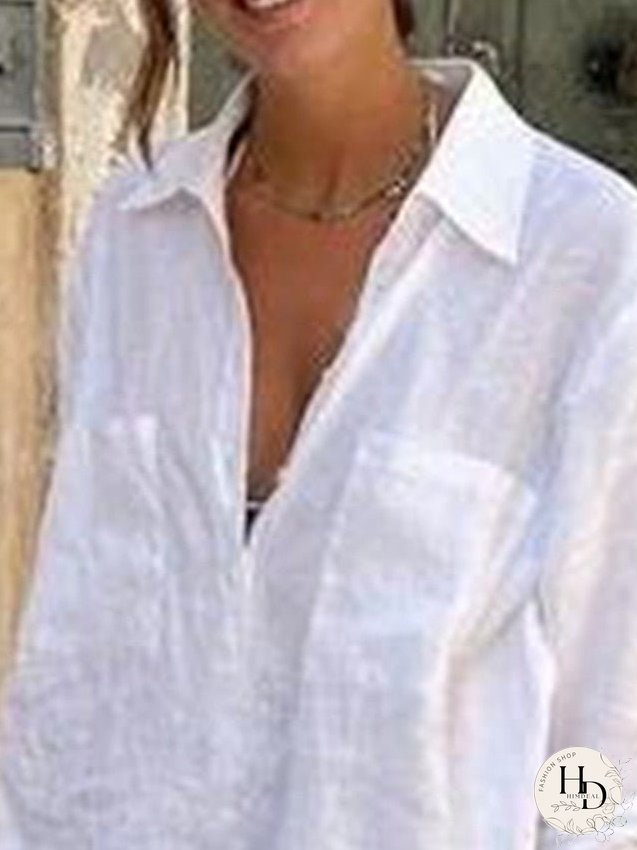 Cotton Linen Dress Casual Dress Shift Dress Mini Dress Cotton Blend Modern Casual Outdoor Daily Shirt Collar Pocket 3/4 Length Sleeve Summer Spring Fall Regular Fit White Plain S M L XL for Women