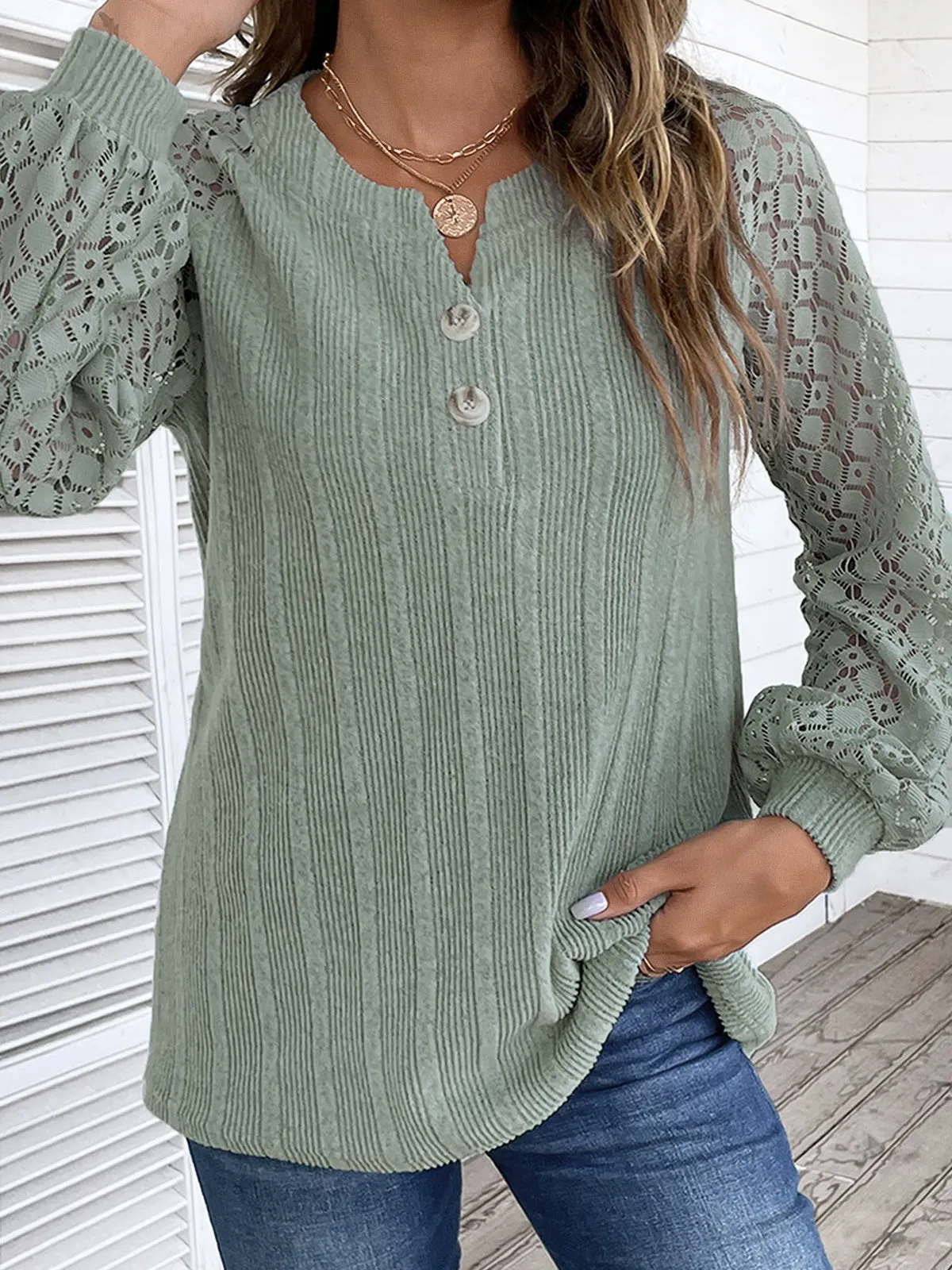 Women's Long Sleeve V-neck Solid Color Lace Top
