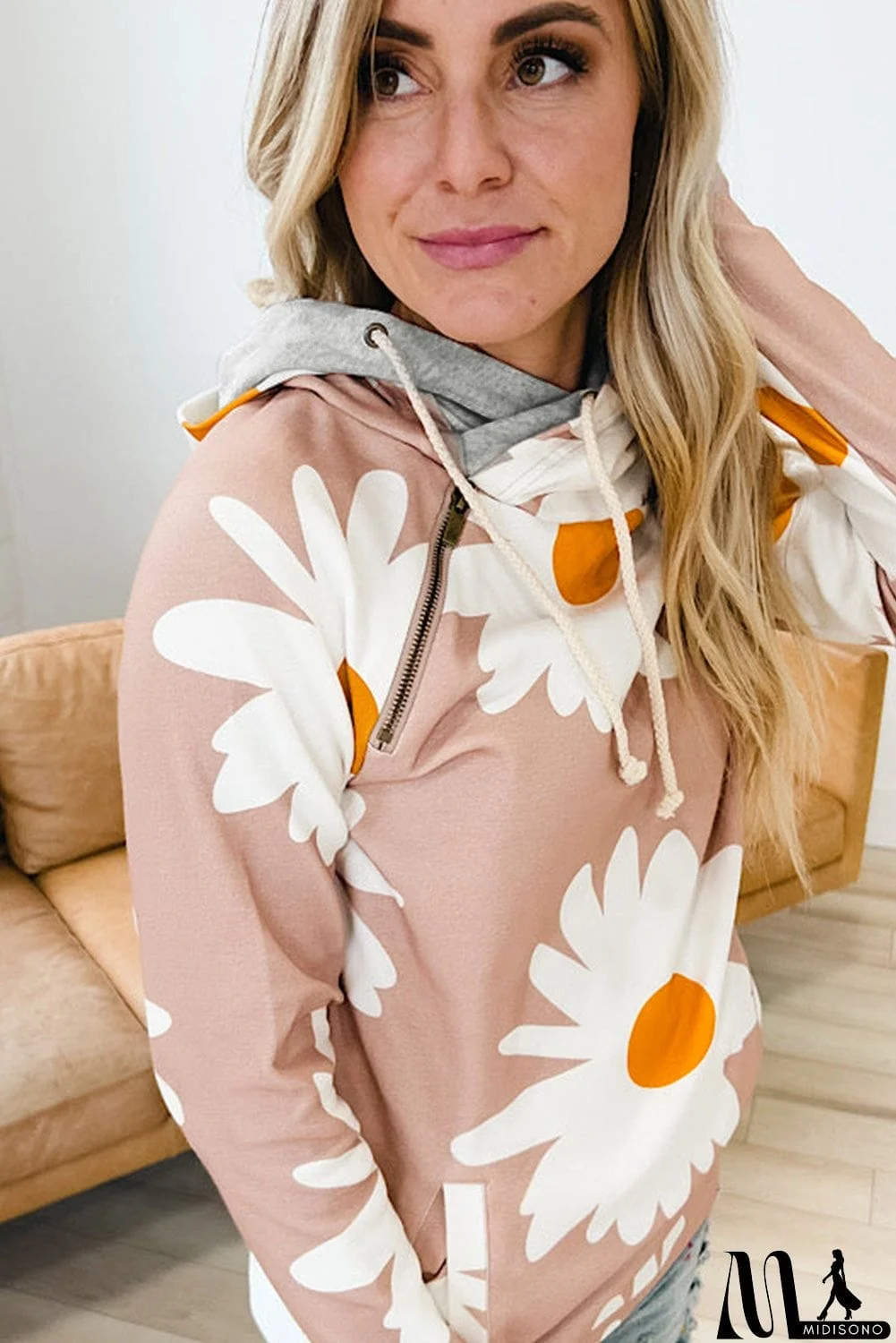 MidiSono - Daisy Print Zipped Doublehood Sweatshirt
