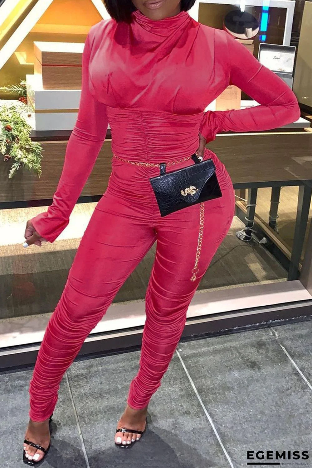 Rose Red Sexy Solid Patchwork Fold Turtleneck Regular Jumpsuits | EGEMISS