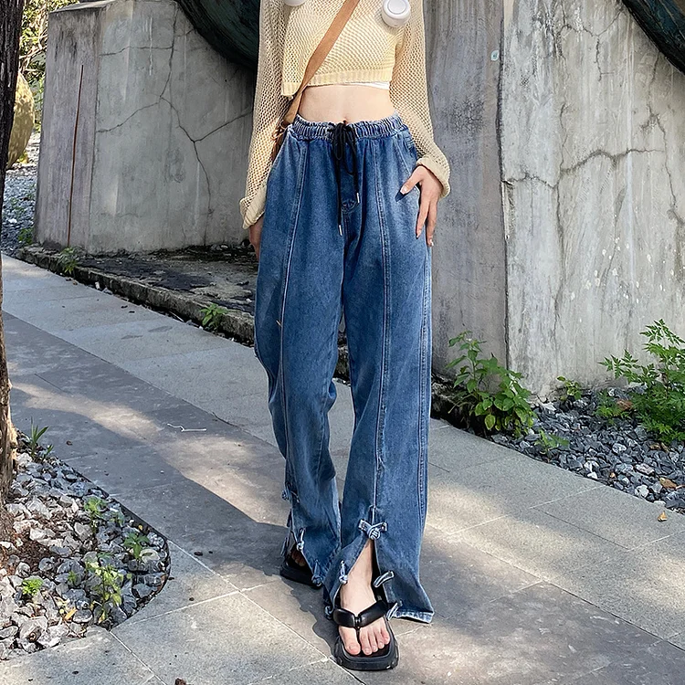 Street High Waist Slit Hem With Chinese Buttons tandraight Denim Pants