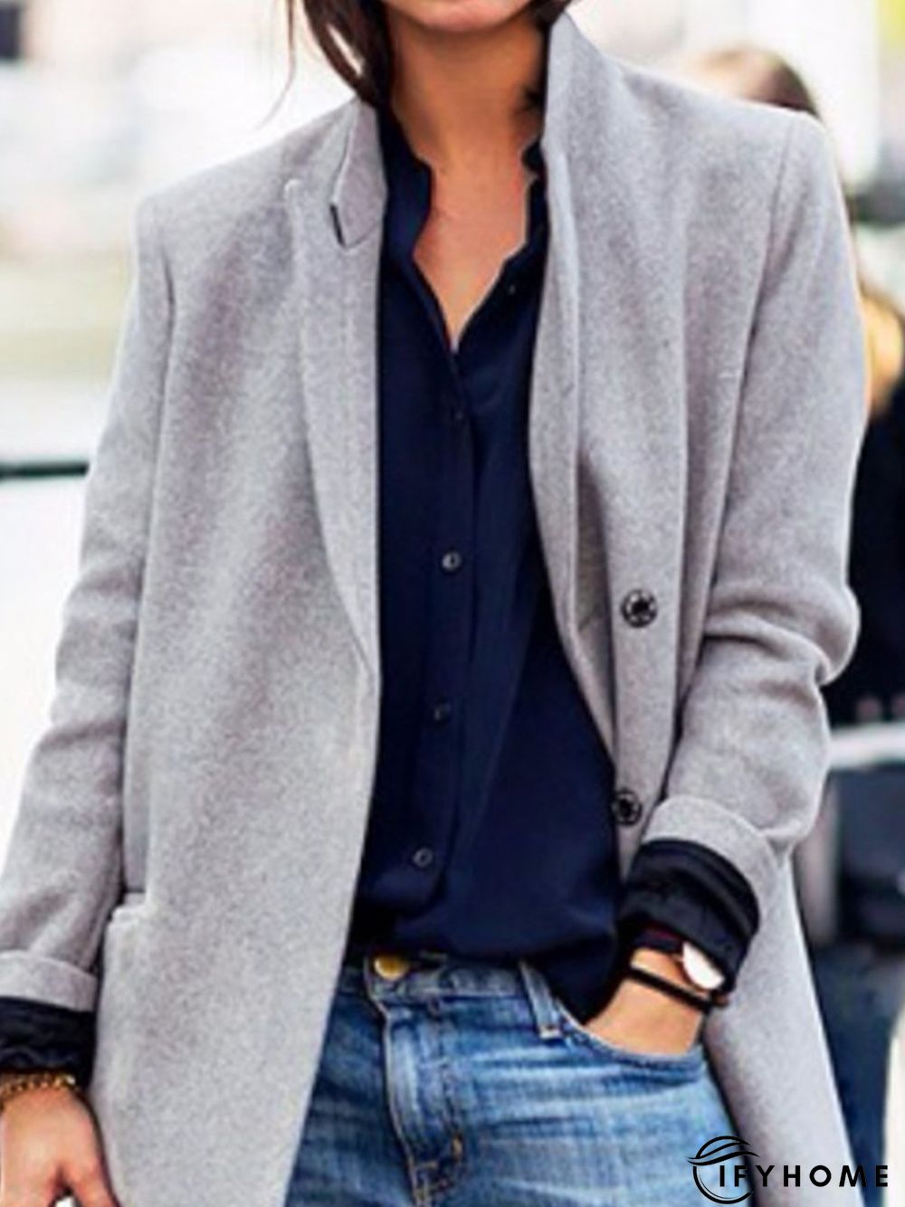 Plain Long Sleeve Lapel Collar Buttoned Casual Woolen Coat | IFYHOME