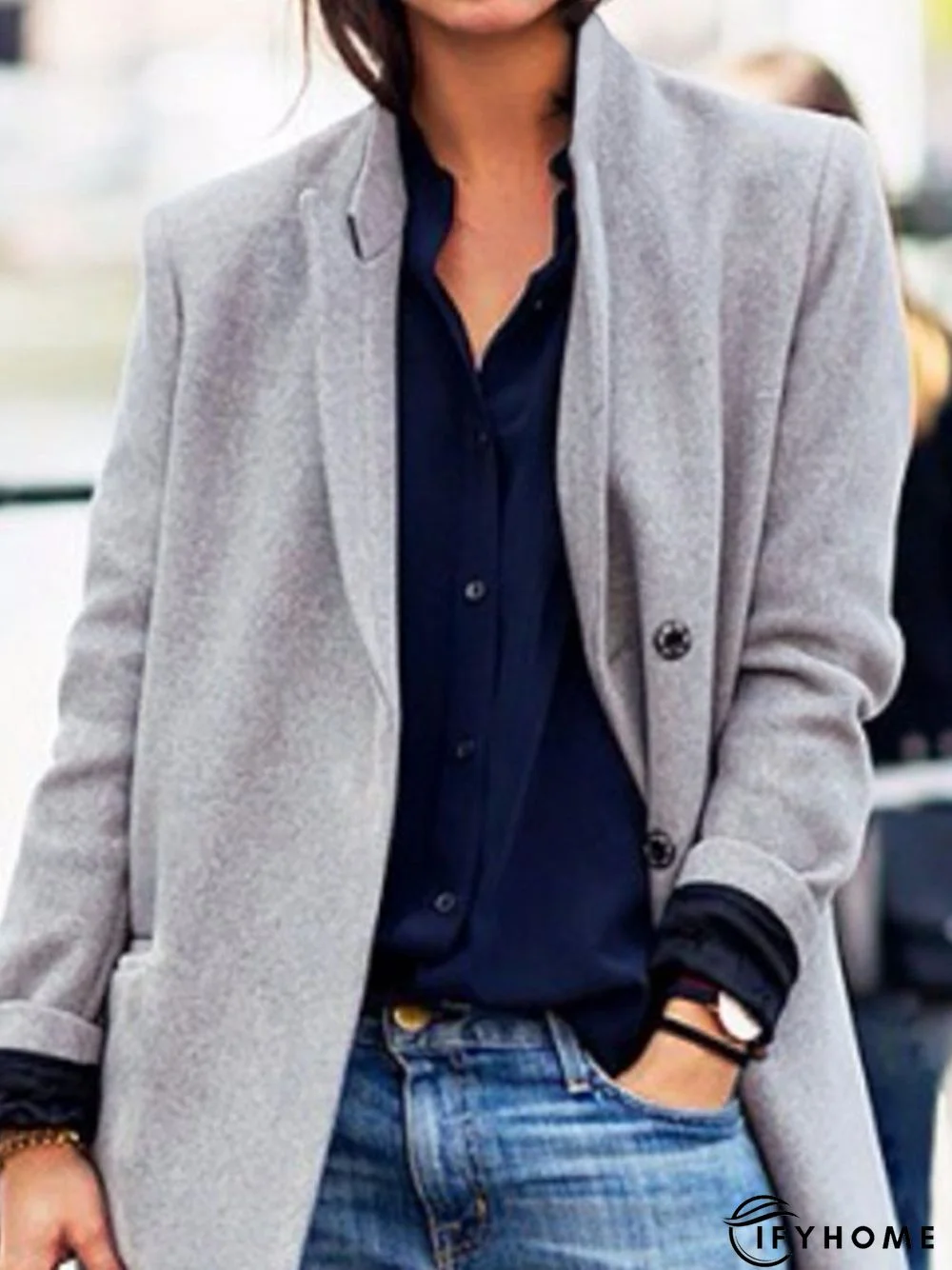 Plain Long Sleeve Lapel Collar Buttoned Casual Woolen Coat | IFYHOME