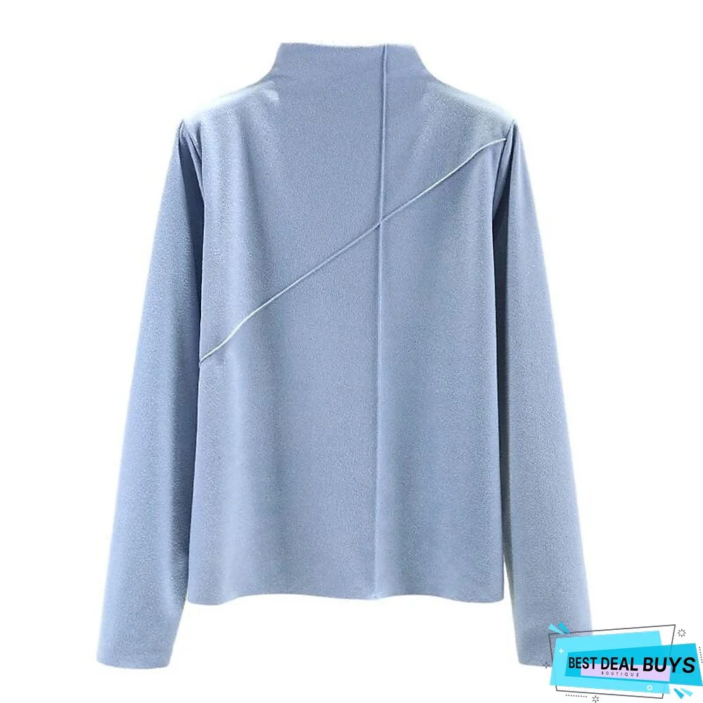 Women's T shirt Tee Light Pink dark brown A Plain Long Sleeve Daily Basic High Neck Regular Fleece lined XXL (recommended 140-160 catties)