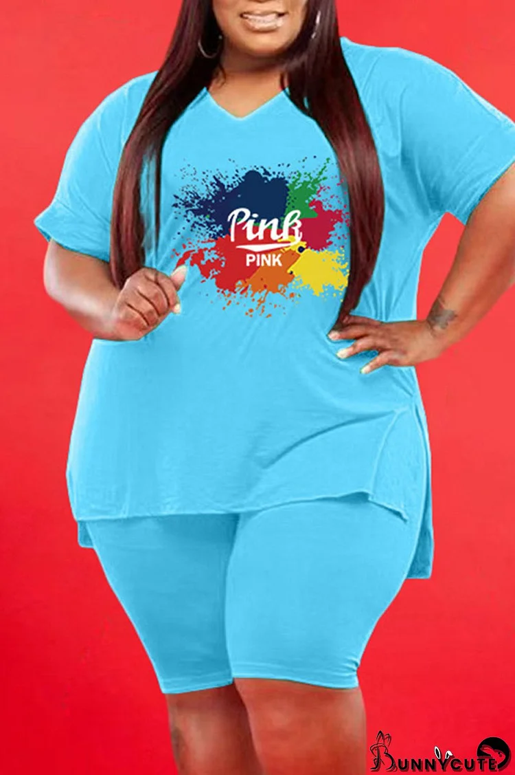 Light Blue Casual Print V Neck Plus Size Two Pieces
