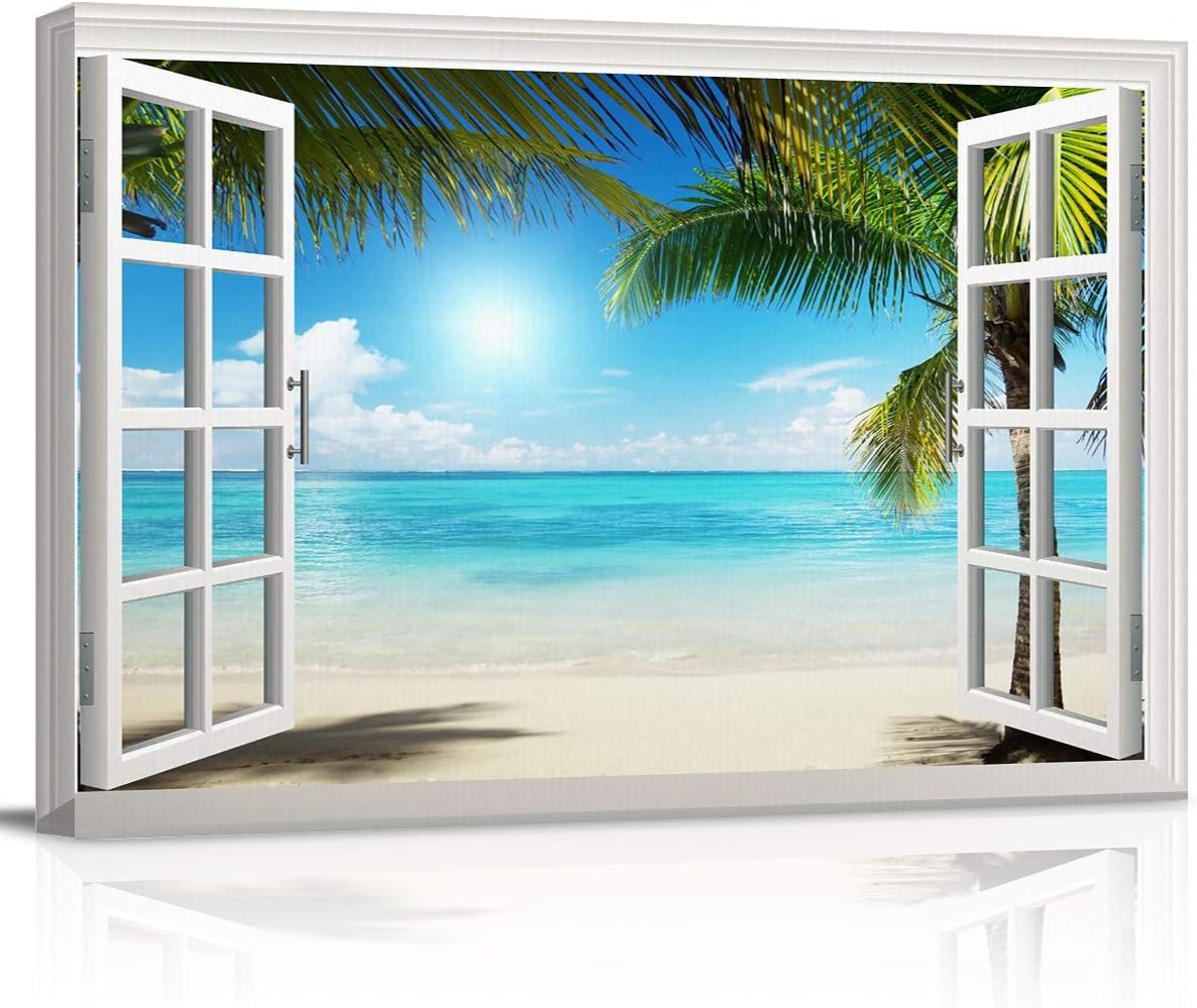 Canvas Wall Art - Beautiful Tropical Beach Windows Pictures - Modern Wall Decor Gallery Canvas Wraps Giclee Print Stretched and Framed Ready to Hang - 16 inch  x 24 inch  16&#034; x 24&#034;