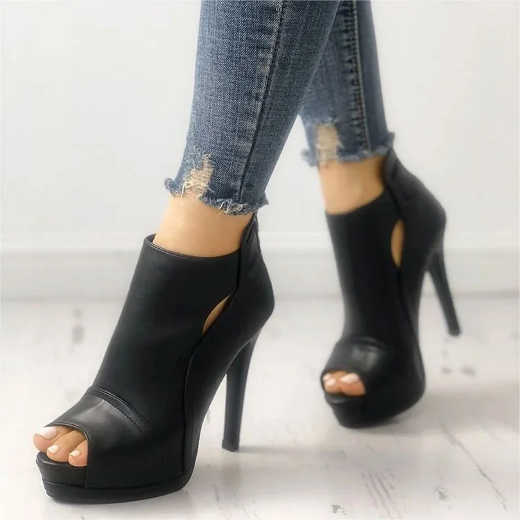 Custom Made Black Peep Toe Stiletto Heel Platform Ankle Boots |FSJ Shoes
