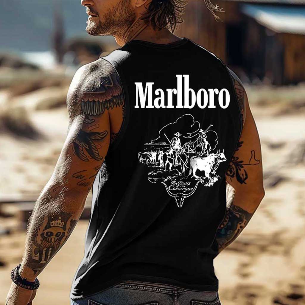 Men's Vintage Western Cowboy The Bulls Of The Camargue Rodeo Graphic Print Round Neck Sleeveless Muscle Tank Top / TECHWEAR CLUB / Techwear