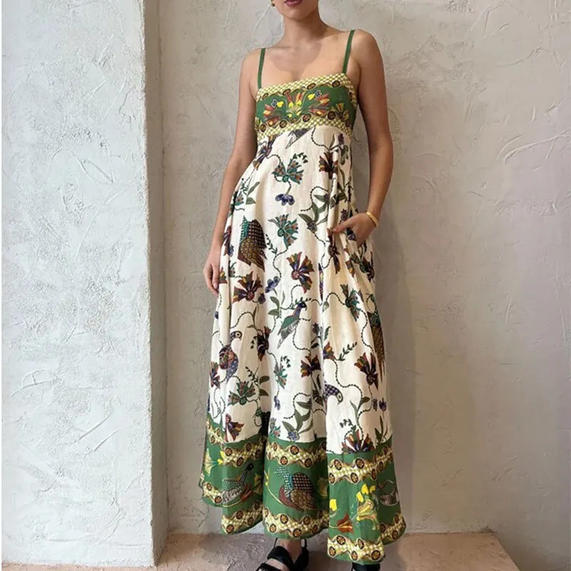 Boho Floral Linen Maxi Dress for Women 9 Colors Summer Spaghetti Strap Style