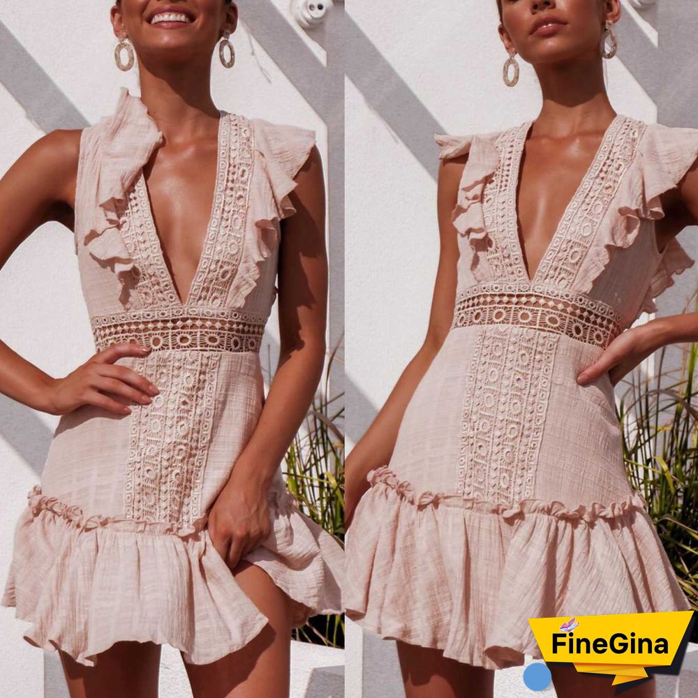 Ruffle Top Deep Plunging Eyelet Lace Crochet Frill Hem Dress