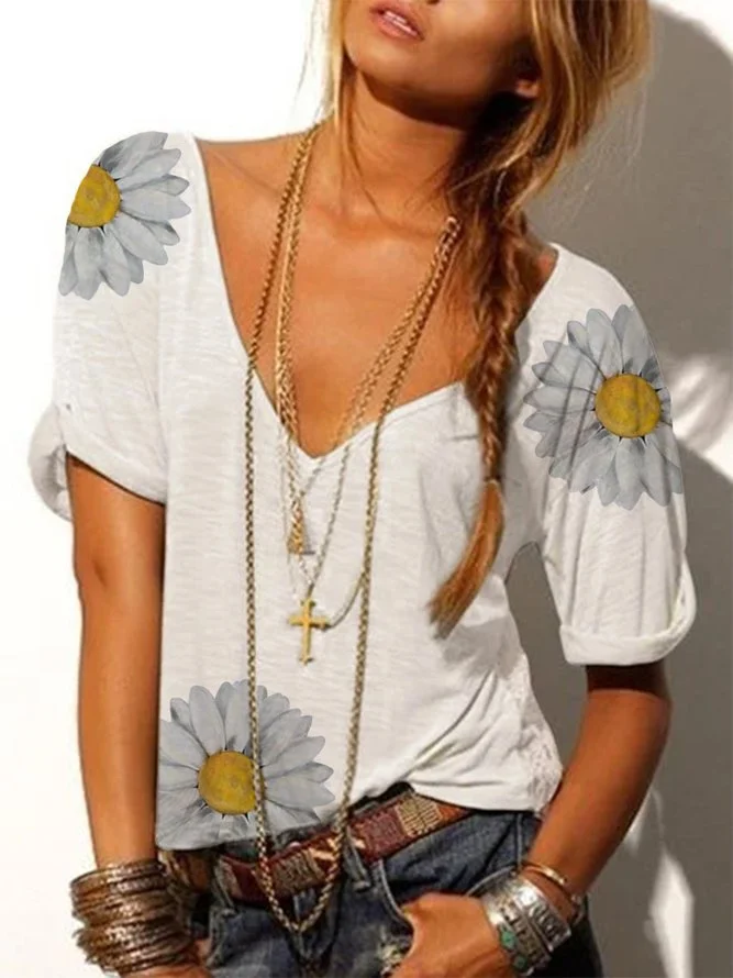 White Short Sleeve Cotton V Neck Shirts & Tops