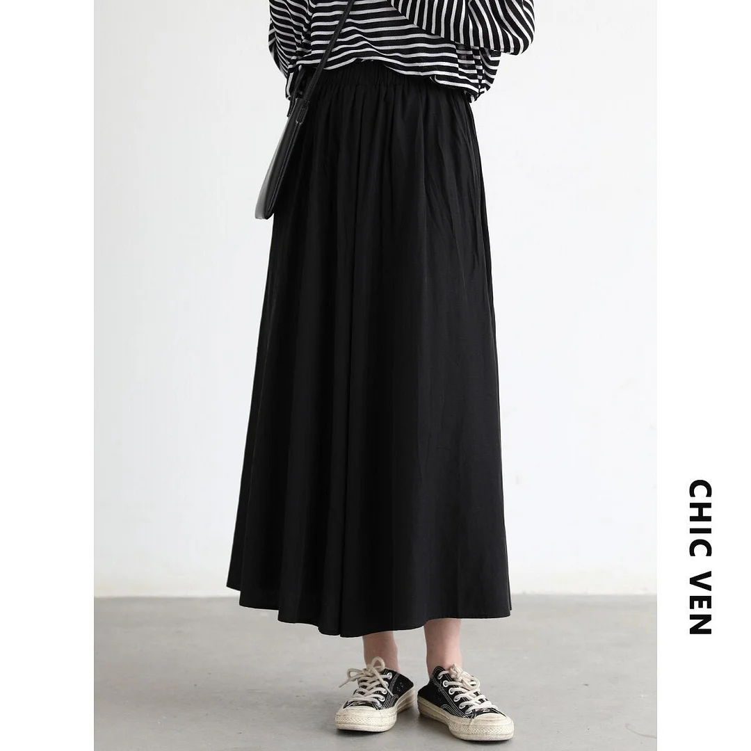 CHIC VEN Simple Elastic Waist Pleated Skirts Solid Women&#39;s A-line MIDI Long Skirt High Waisted Ladies Office 2022 Summer