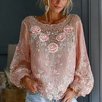 Women's Romantic Floral Embroidered Art Print Flowy Linen Blend Casual Tops - Image 2