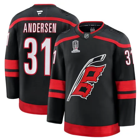 Men's Carolina Hurricanes #31 Frederik Andersen Black 2026 Stanley Cup Champions Home Premium Patch Jersey