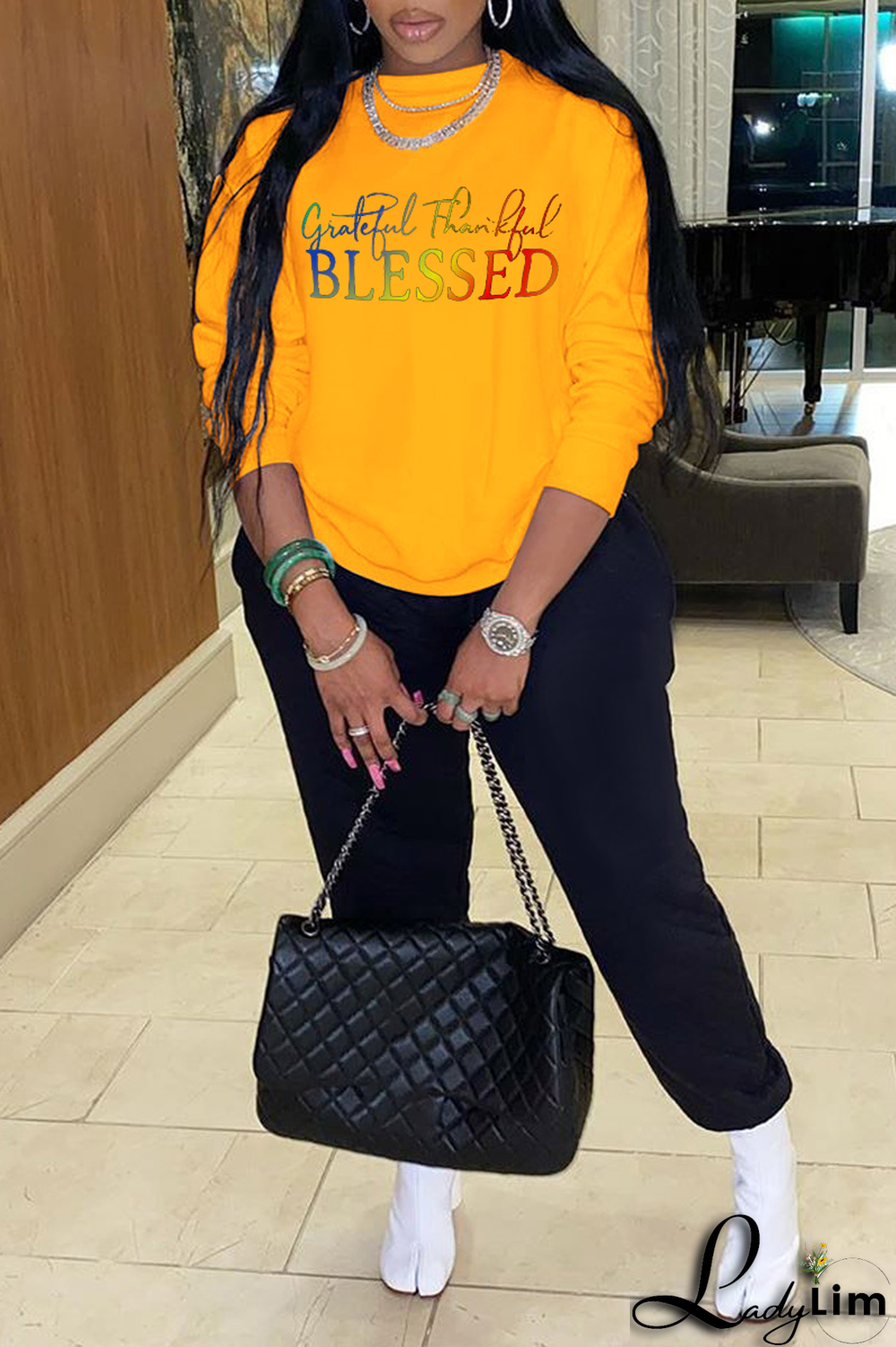 Black Fashion Street Print Letter O Neck Tops