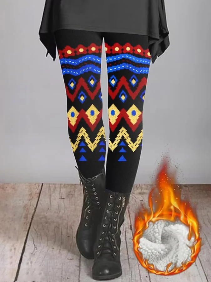 Women's Casual Retro Color Imitation Wool Printed Fleece Leggings