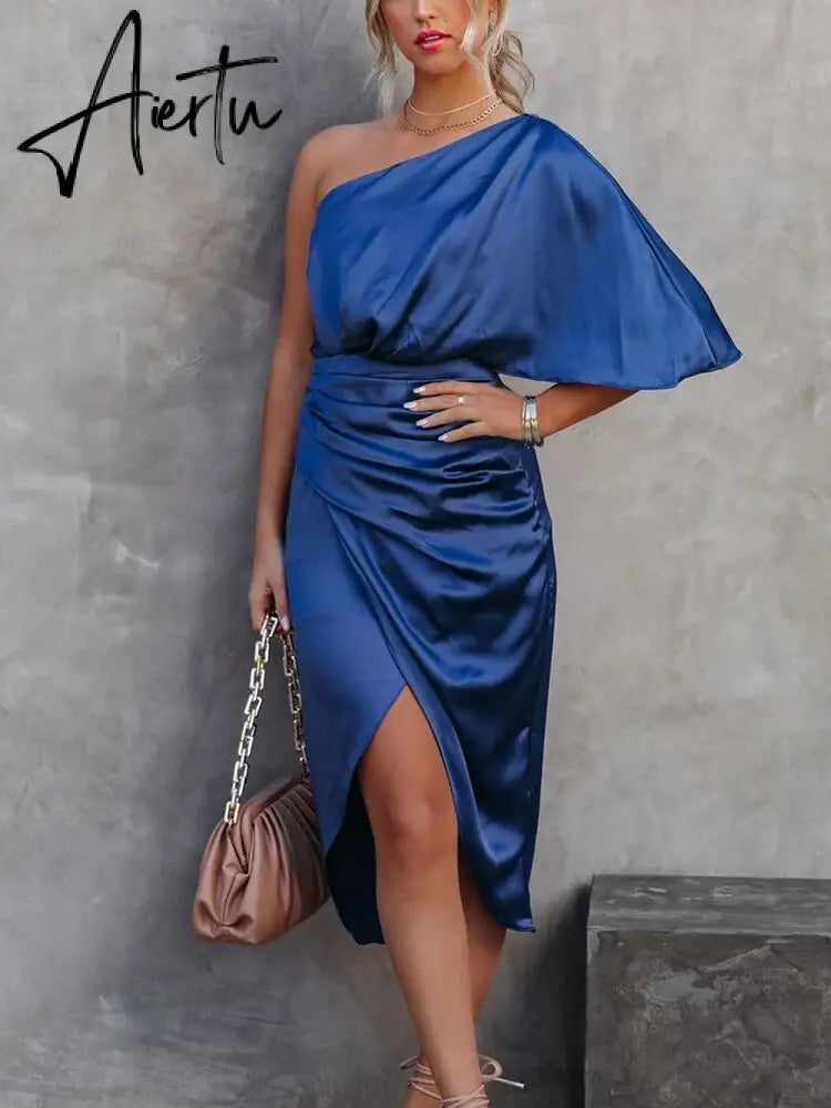 One Shoulder Ruched Midi Women Party Satin Dress Christmas Irregular Flare Sleeve Sexy Green Silk Elegant Aiertu