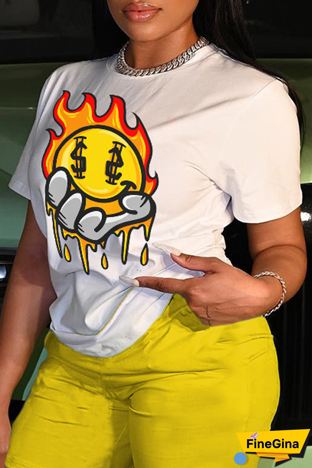 White Casual Street Print Patchwork O Neck T-Shirts