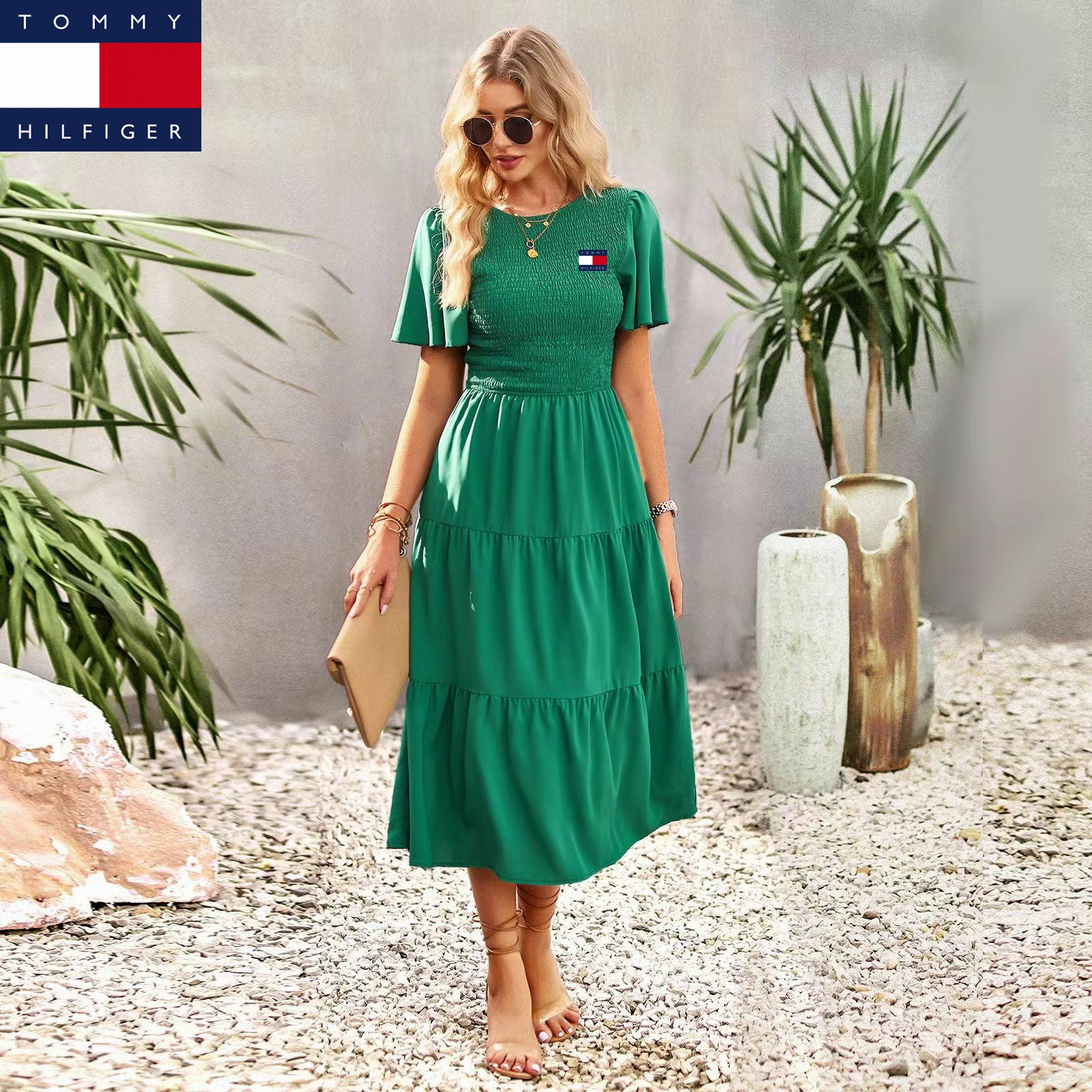 Vestido Tommy Hilfiger primavera/verão com decote redondo e cintura subida