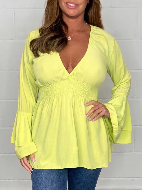 Lime Green V Neck Smocked Waist Top