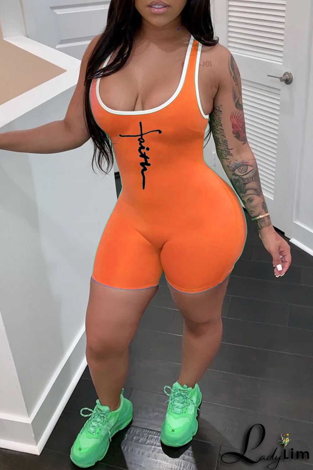 Green Fashion Casual Print Basic U Neck Skinny Romper