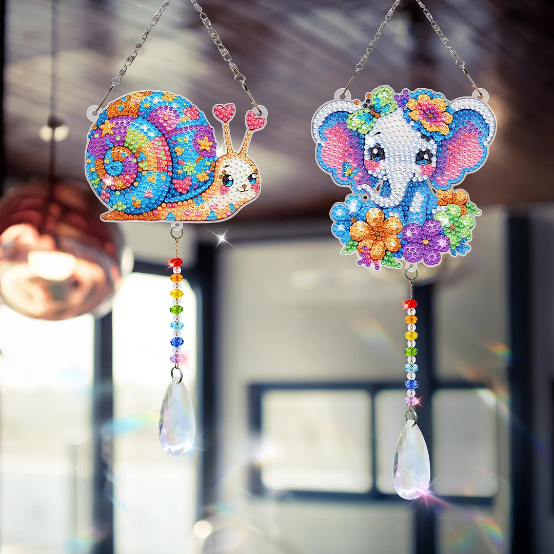 2Pcs Snails and Elephants DIY Double-Sided Diamond Painting Hanging Kits Diamond Painting Suncatcher Craft Kit for Home Garden Wall Decor Gift