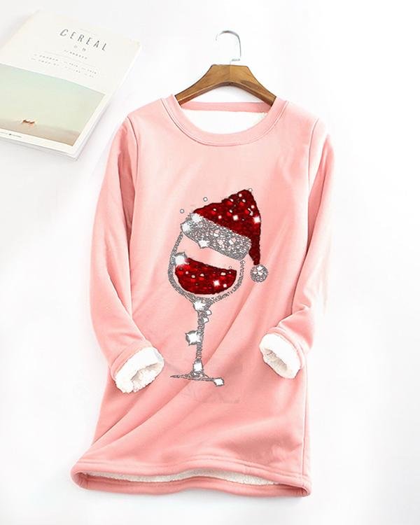 Fleece Warm Christmas Red Wine Glass Print Long Sleeve T-shirt